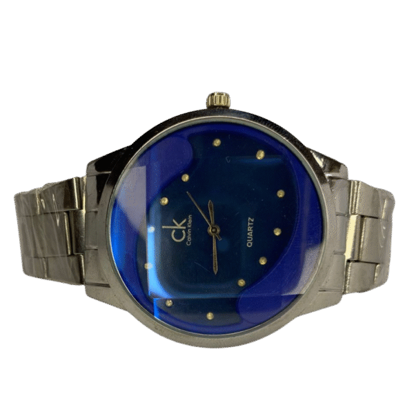 Timeless Sophistication: Modern Silver Quartz with Deep Blue Dial.